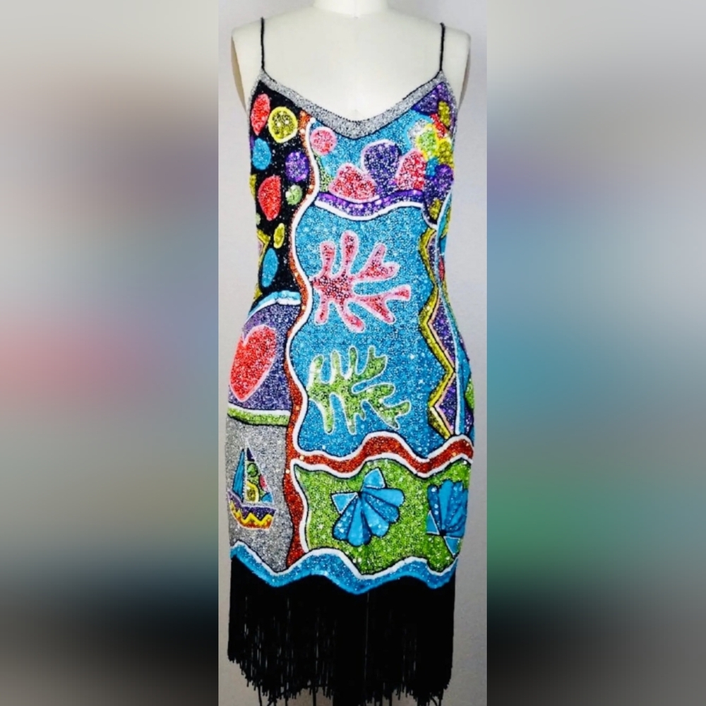 VINTAGE Beaded Fringe Naeem Khan Riazee Nights Cocktail Dress 10